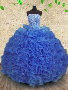 Royal Blue Lace Up Strapless Beading and Ruffles Quinceanera Gowns Organza Sleeveless