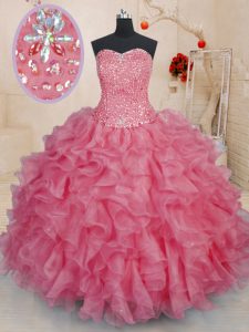 Charming Organza Sweetheart Sleeveless Lace Up Beading and Ruffles Quinceanera Dresses in Pink