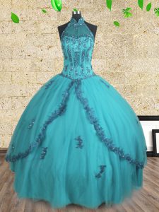 Teal Ball Gowns Halter Top Sleeveless Tulle Floor Length Lace Up Beading Quinceanera Dress