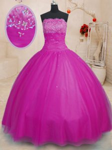 Great Fuchsia Sleeveless Tulle Lace Up 15th Birthday Dress for Military Ball and Sweet 16 and Quinceanera