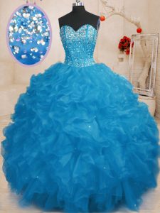 Sweetheart Sleeveless Quinceanera Gowns Floor Length Beading and Ruffles Blue Organza