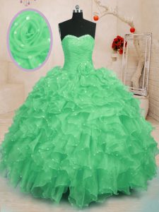 Green Ball Gowns Sweetheart Sleeveless Organza Floor Length Lace Up Beading and Ruffles and Hand Made Flower Quinceanera