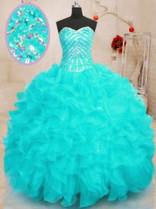 Sweetheart Sleeveless Sweet 16 Dresses Floor Length Beading and Ruffles and Sequins Aqua Blue Organza