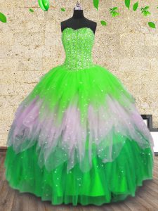 Dazzling Multi-color Ball Gowns Tulle Sweetheart Sleeveless Beading and Ruffles and Sequins Floor Length Lace Up Sweet 1