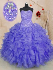 High Quality Floor Length Lavender 15th Birthday Dress Sweetheart Sleeveless Lace Up