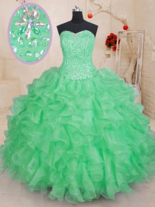 Discount Sleeveless Organza Floor Length Lace Up 15th Birthday Dress in Green with Beading and Ruffles