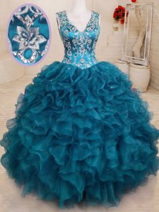 Cute Organza V-neck Sleeveless Backless Beading and Embroidery and Ruffles Quinceanera Dresses in Teal