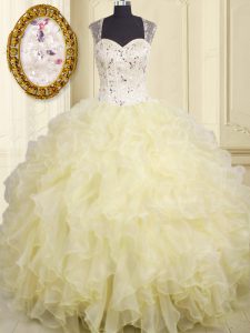 Suitable Light Yellow Sleeveless Organza Lace Up Quinceanera Gowns for Military Ball and Sweet 16 and Quinceanera