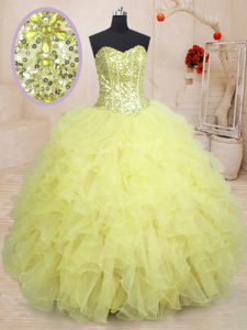 Delicate Light Yellow Sleeveless Beading and Ruffles Floor Length Ball Gown Prom Dress