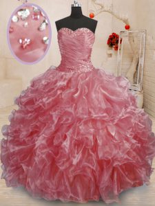 Elegant Watermelon Red Ball Gowns Organza Sweetheart Sleeveless Beading and Ruffles Floor Length Lace Up Sweet 16 Dresse
