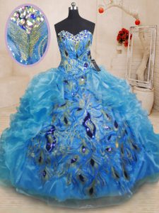 Custom Designed Sleeveless Organza Floor Length Zipper 15 Quinceanera Dress in Baby Blue with Beading and Appliques and 