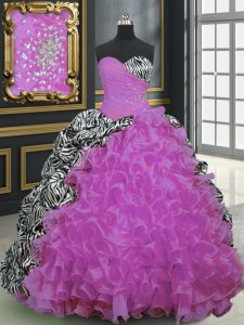 Fancy Printed With Train Lace Up Sweet 16 Dress Fuchsia for Military Ball and Sweet 16 and Quinceanera with Beading and 