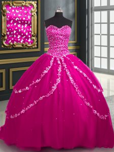 Edgy Fuchsia Sweetheart Neckline Beading and Appliques Quinceanera Gown Sleeveless Lace Up