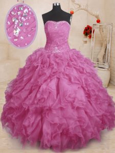 Colorful Floor Length Lace Up Quinceanera Dress Fuchsia for Military Ball and Sweet 16 and Quinceanera with Beading and 