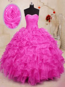 Chic Hot Pink Ball Gowns Beading and Ruffles and Hand Made Flower 15th Birthday Dress Lace Up Organza Sleeveless Floor L