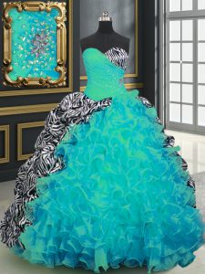 Sleeveless Organza and Printed With Brush Train Lace Up Quinceanera Gown in Aqua Blue with Beading and Ruffles and Patte