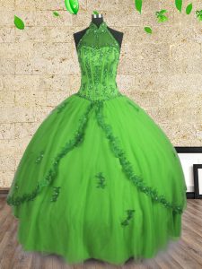 Traditional Ball Gowns Quinceanera Dress Halter Top Tulle Sleeveless Floor Length Lace Up
