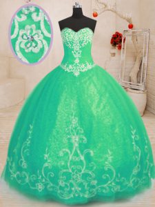 Turquoise Lace Up Sweetheart Beading and Embroidery 15th Birthday Dress Tulle Sleeveless