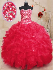 Cute Coral Red Ball Gowns Sweetheart Sleeveless Organza Floor Length Lace Up Beading and Ruffles and Sequins 15th Birthd