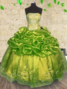 Olive Green Ball Gowns Strapless Sleeveless Organza Floor Length Lace Up Beading and Embroidery Sweet 16 Dress