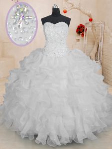 High Quality White Sleeveless Floor Length Beading and Ruffles Lace Up Vestidos de Quinceanera