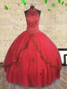 Halter Top Floor Length Red Quinceanera Gown Tulle Sleeveless Beading