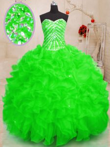 Sophisticated Ball Gowns Sweetheart Sleeveless Organza Floor Length Lace Up Beading and Ruffles and Sequins Quinceanera 