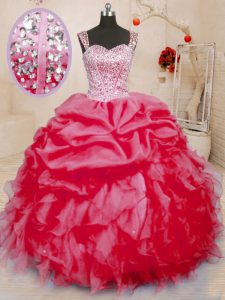 Fitting Coral Red Lace Up Straps Beading and Ruffles and Pick Ups Quinceanera Gown Organza Sleeveless