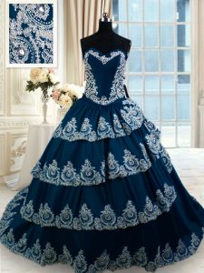 Eye-catching Sleeveless Court Train Lace Up With Train Beading and Appliques and Ruffled Layers Quinceanera Dress