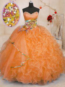Orange Lace Up Sweetheart Beading and Ruffles Sweet 16 Dresses Organza Sleeveless