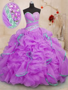 Fabulous Sweetheart Sleeveless Sweet 16 Dresses With Brush Train Beading and Ruffles Lilac Organza
