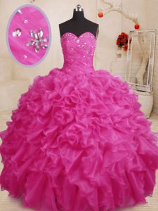 On Sale Hot Pink Ball Gowns Beading and Ruffles Sweet 16 Dress Lace Up Organza Sleeveless Floor Length