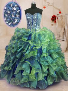 Dramatic Floor Length Lace Up Quinceanera Dresses Multi-color for Military Ball and Sweet 16 and Quinceanera with Beadin