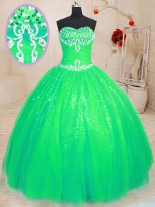 Comfortable Green Sleeveless Tulle and Sequined Lace Up Sweet 16 Dresses for Military Ball and Sweet 16 and Quinceanera