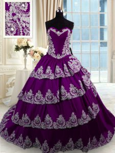 Fancy Sweetheart Sleeveless Taffeta Quince Ball Gowns Beading and Appliques and Ruffled Layers Court Train Lace Up