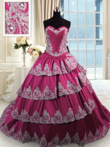 Fantastic Beading and Appliques and Ruffled Layers Sweet 16 Quinceanera Dress Fuchsia Lace Up Sleeveless With Train Cour