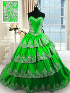Fine Sleeveless With Train Beading and Appliques and Ruffled Layers Lace Up 15th Birthday Dress with Court Train