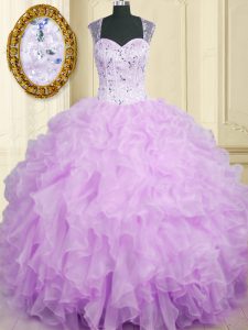 Sleeveless Zipper Floor Length Beading and Ruffles 15th Birthday Dress
