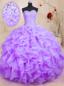 Edgy Lavender Lace Up Sweetheart Beading and Ruffles Quinceanera Dresses Organza Sleeveless