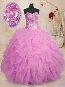 Stylish Floor Length Lace Up Sweet 16 Quinceanera Dress Lilac for Military Ball and Sweet 16 and Quinceanera with Beadin