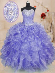 Custom Made Lavender Organza Lace Up Sweetheart Long Sleeves Floor Length Sweet 16 Quinceanera Dress Beading and Ruffles