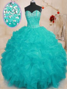 Aqua Blue Sleeveless Floor Length Beading and Ruffles Lace Up Quince Ball Gowns