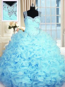 Artistic Floor Length Aqua Blue Sweet 16 Dress Organza Sleeveless Beading and Ruffles