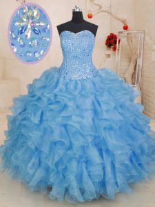 Fashion Organza Sweetheart Sleeveless Lace Up Beading and Ruffles Quince Ball Gowns in Blue