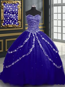 Blue Sleeveless Brush Train Beading and Appliques With Train Sweet 16 Dress