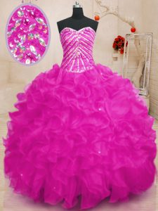 Sequins Floor Length Ball Gowns Sleeveless Fuchsia Sweet 16 Quinceanera Dress Lace Up