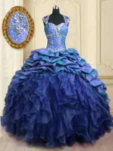 Pick Ups Blue Cap Sleeves Organza and Taffeta Brush Train Lace Up Sweet 16 Dress for Military Ball and Sweet 16 and Quin