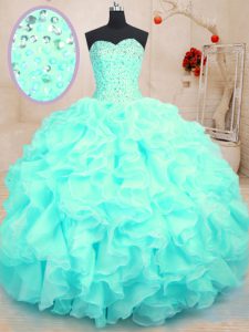 Sleeveless Organza Floor Length Lace Up Quinceanera Dresses in Aqua Blue with Beading and Ruffles