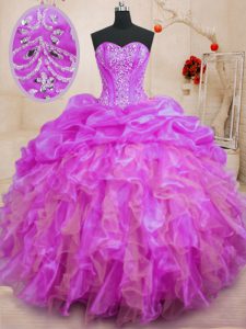 Fuchsia Ball Gowns Organza Sweetheart Sleeveless Beading and Ruffles Floor Length Lace Up Sweet 16 Quinceanera Dress