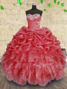 Ball Gowns Sweet 16 Quinceanera Dress Coral Red Sweetheart Organza Sleeveless Floor Length Lace Up